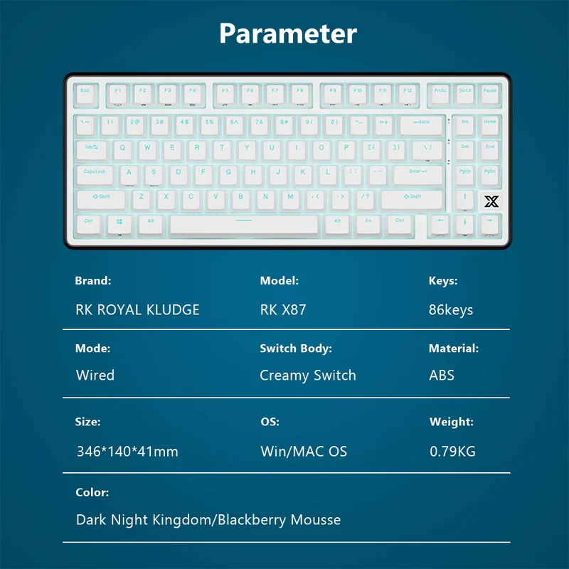 Royal Kludge RK X87 Single-Mode RGB 86 Keys Hot Swappable Mechanical Keyboard Black Night (Creamy Switch, Snowfall Switch)