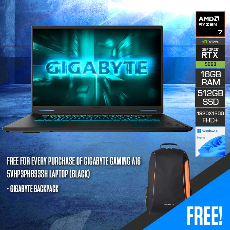 Gigabyte Gaming A16 5VHP3PH893SH Laptop (Black) | 16" FHD+ (1920x1200) 165Hz IPS | Ryzen 7 170 | 16GB RAM | 512GB SSD | RTX 5060 | Windows 11 Home | Gigabyte Backpack