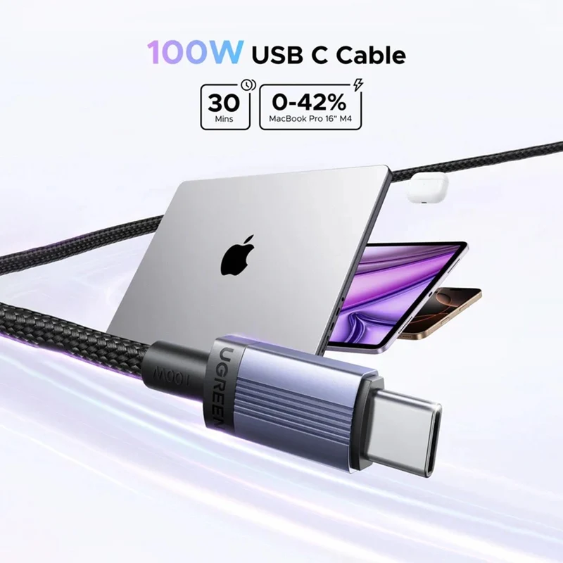 Ugreen USB-C to USB-C 5A/100W PD Fast Charging Braided Cable - (Space Gray) (0.5m, 1m, 2m, 3m)