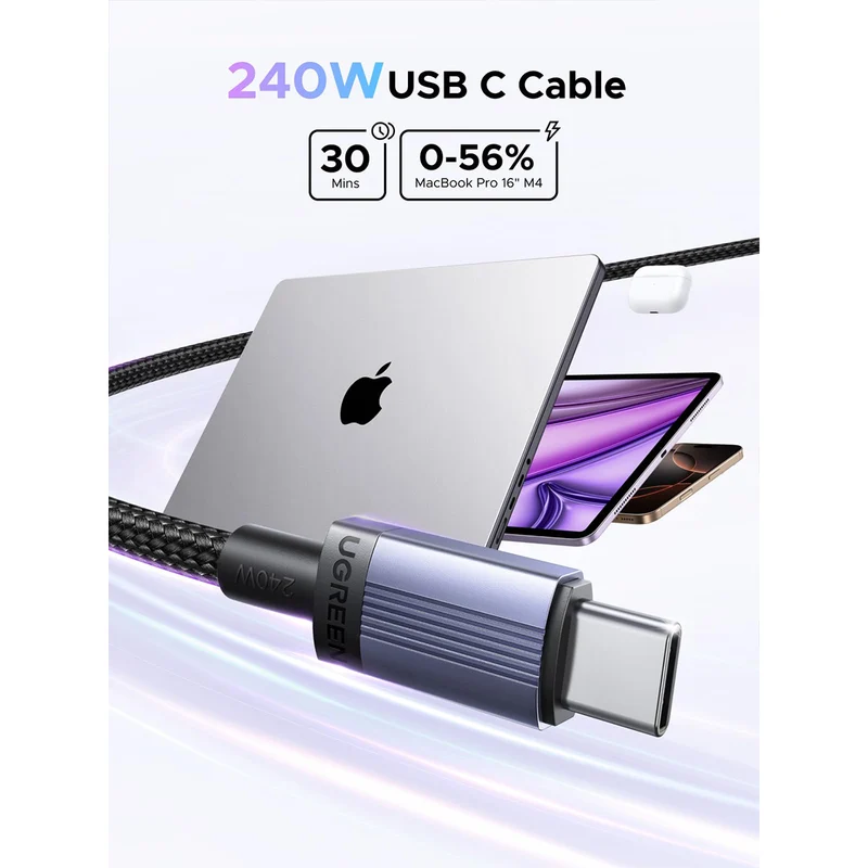 Ugreen USB-C to USB-C 5A/240W Max PD Fast Charging Braided Cable - (Space Gray) (0.5m, 1m, 2m, 3m)