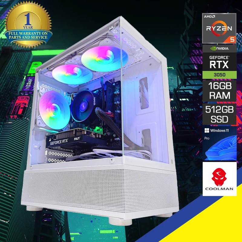 Alpha Reyna White Desktop Gaming PC | AMD Ryzen 5 5500 | 16GB (2x8GB) RAM | 512GB SSD | RTX 3050 | Windows 11 Pro
