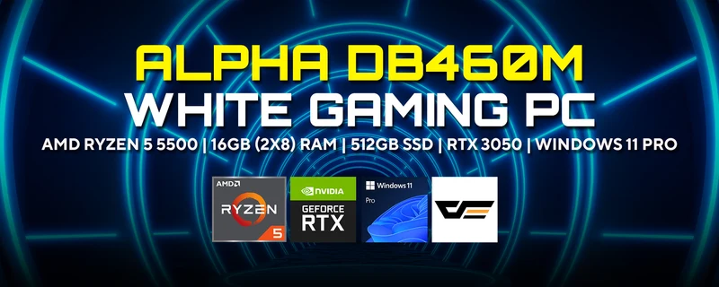 Alpha DB460M White Desktop Gaming PC | AMD Ryzen 5 5500 | 16GB (2x8) RAM | 500GB SSD | RXT 3050 | Windows 11 Pro