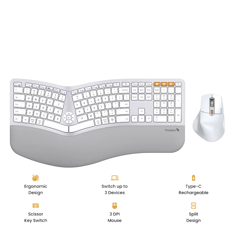 ProtoArc EKM01 Plus Dual Mode Full Size Ergonomic Keyboard Mouse Combo (White/Silver) (CP015758)