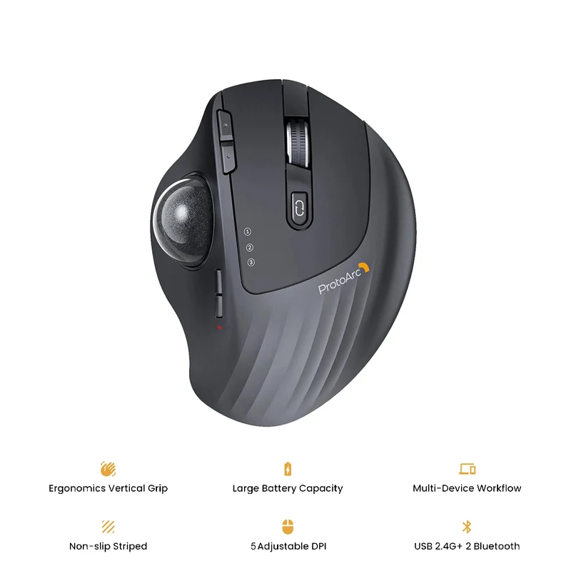 ProtoArc EM01 NL Ergonomic Wireless Trackball Mouse (Black + Grey Ball) (CP014935)