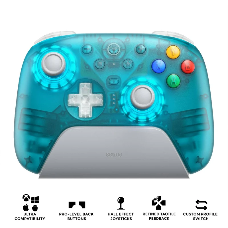 8BitDo Ultimate 2 Wireless Controller with TMR Joysticks, Switchable Hall Effect/ Tactile Triggers, RGB Fire Ring, 8Speed Wireless Tech with Charging Dock for Windows/Android/SteamOS/Apple (Clear Blue) (81HE)