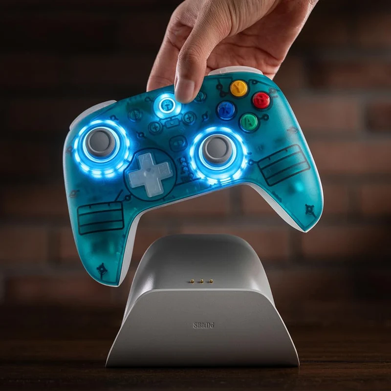 8BitDo Ultimate 2 Wireless Controller with TMR Joysticks, Switchable Hall Effect/ Tactile Triggers, RGB Fire Ring, 8Speed Wireless Tech with Charging Dock for Windows/Android/SteamOS/Apple (Clear Blue) (81HE)
