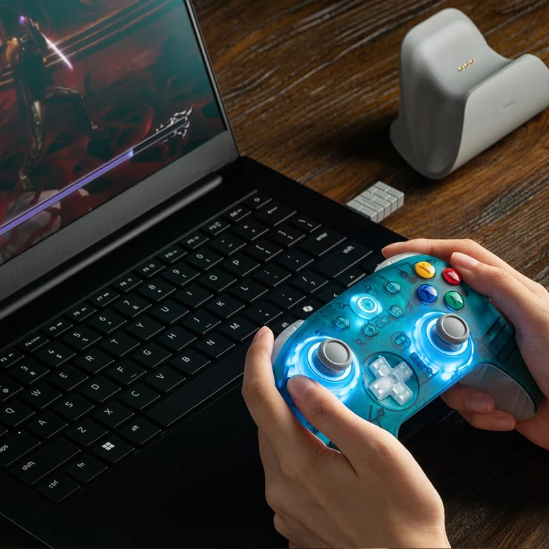 8BitDo Ultimate 2 Wireless Controller with TMR Joysticks, Switchable Hall Effect/ Tactile Triggers, RGB Fire Ring, 8Speed Wireless Tech with Charging Dock for Windows/Android/SteamOS/Apple (Clear Blue) (81HE)