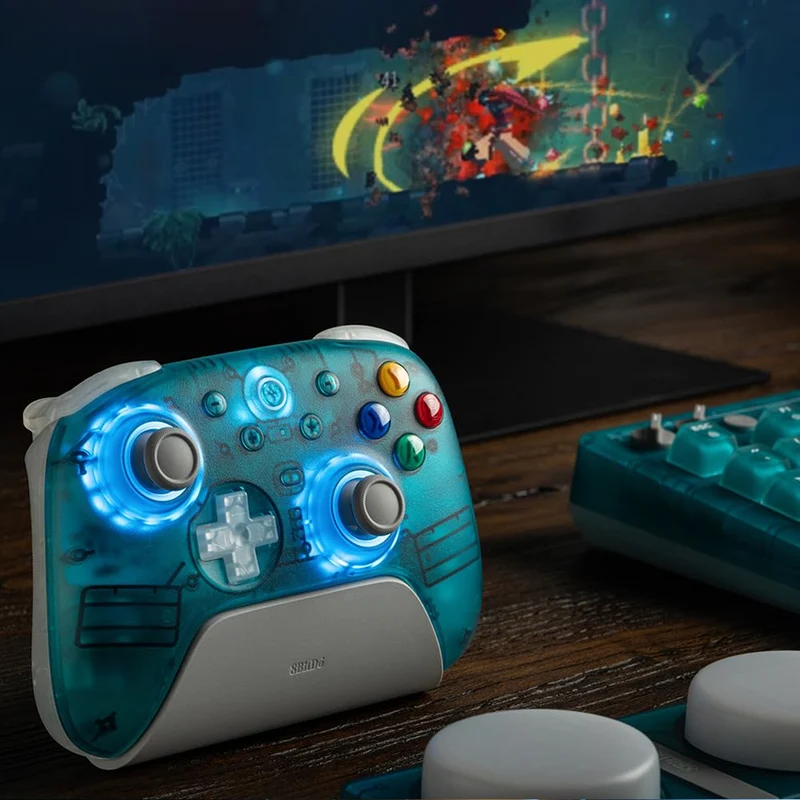 8BitDo Ultimate 2 Wireless Controller with TMR Joysticks, Switchable Hall Effect/ Tactile Triggers, RGB Fire Ring, 8Speed Wireless Tech with Charging Dock for Windows/Android/SteamOS/Apple (Clear Blue) (81HE)