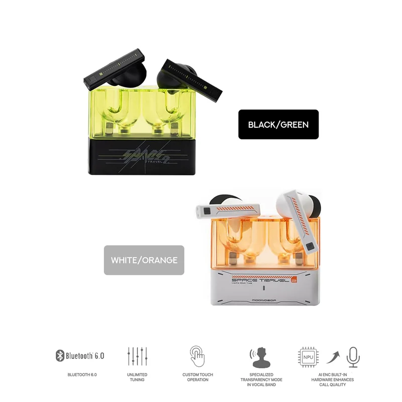 Moondrop Space Travel 2 Hi-Fi Noise-Canceling TWS Wireless Earphone Bluetooth 6.0 ANC Low-Latency Game Mode SBC/AAC (MD-TWS-046) (Black/Green, White/Orange)