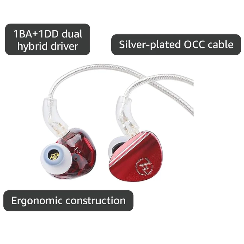 7Hz Sonus 1DD + 1BA Dual Driver with Detachable High-end Silver-Plated Ohno Continuous Casting Cable and Aluminum Back Cavity High-Fidelity In-Ear Monitor (3.5mm) (Black, Red)