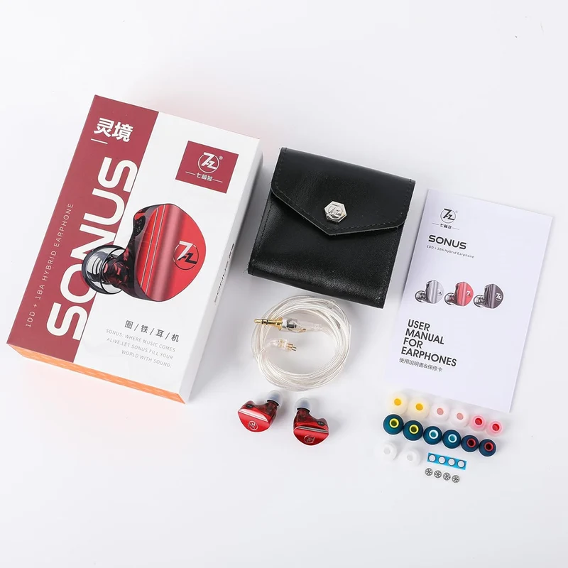 7Hz Sonus 1DD + 1BA Dual Driver with Detachable High-end Silver-Plated Ohno Continuous Casting Cable and Aluminum Back Cavity High-Fidelity In-Ear Monitor (3.5mm) (Black, Red)
