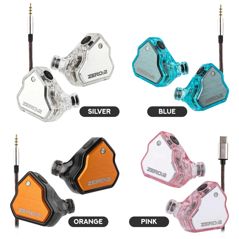 7Hz x Crinacle Zero:2 Updated 10mm Dynamic Driver with Oxygen-Free Copper In-Ear Monitor (Silver, Blue, Orange, Pink) (3.5mm, Type-C)