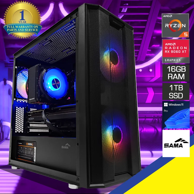 Aurora S30 Black Desktop Gaming PC | AMD Ryzen 5 9600X | 16GB (2x8GB) RAM | 1TB SSD | RX 9060 XT | Windows 11 Pro