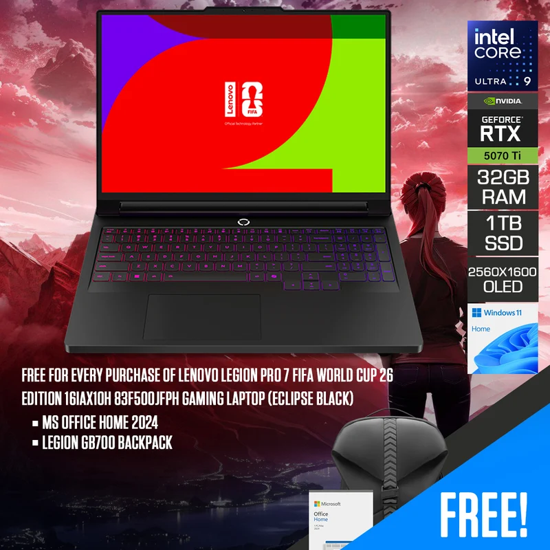 Lenovo Legion Pro 7 FIFA World Cup 26 Edition 16IAX10H 83F500JFPH Gaming Laptop (Eclipse Black) | 16" WQXGA (2560x1600) OLED 240Hz | Core Ultra 9 275HX | 32GB RAM | 1TB SSD | RTX 5070 Ti | Windows 11 Home | MS Office Home 2024 + Legion GB700 Backpack