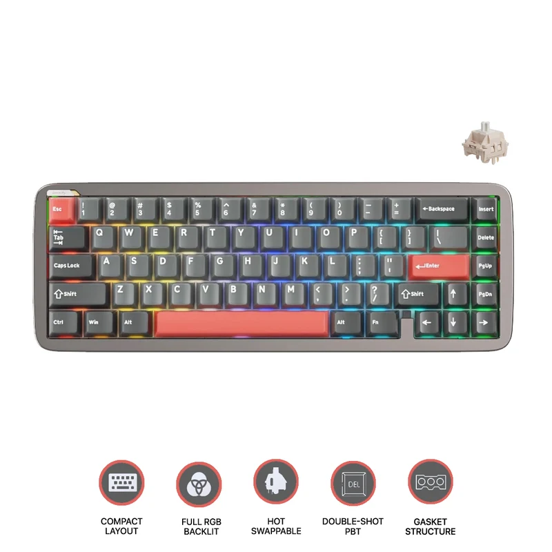 Royal Kludge RK Ultra65 Single-Mode RGB 67 Keys Hot-Swappable Mechanical Keyboard Patina Grey (Cream Switch)