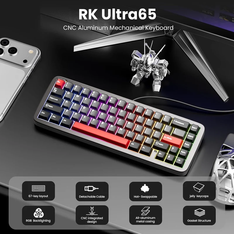 Royal Kludge RK Ultra65 Single-Mode RGB 67 Keys Hot-Swappable Mechanical Keyboard Patina Grey (Cream Switch)