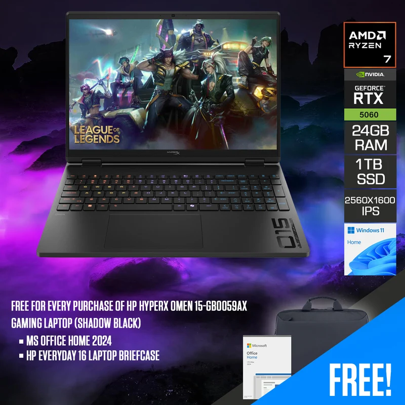 HP HyperX OMEN 15-gb0059AX Gaming Laptop (Shadow Black) | 15.3" 2.5K (2560x1600) 180Hz IPS | Ryzen 7 260 | 24GB RAM | 1TB SSD | RTX 5060 | Windows 11 Home | MS Office Home 2024 + HP Everyday 16" Laptop Briefcase