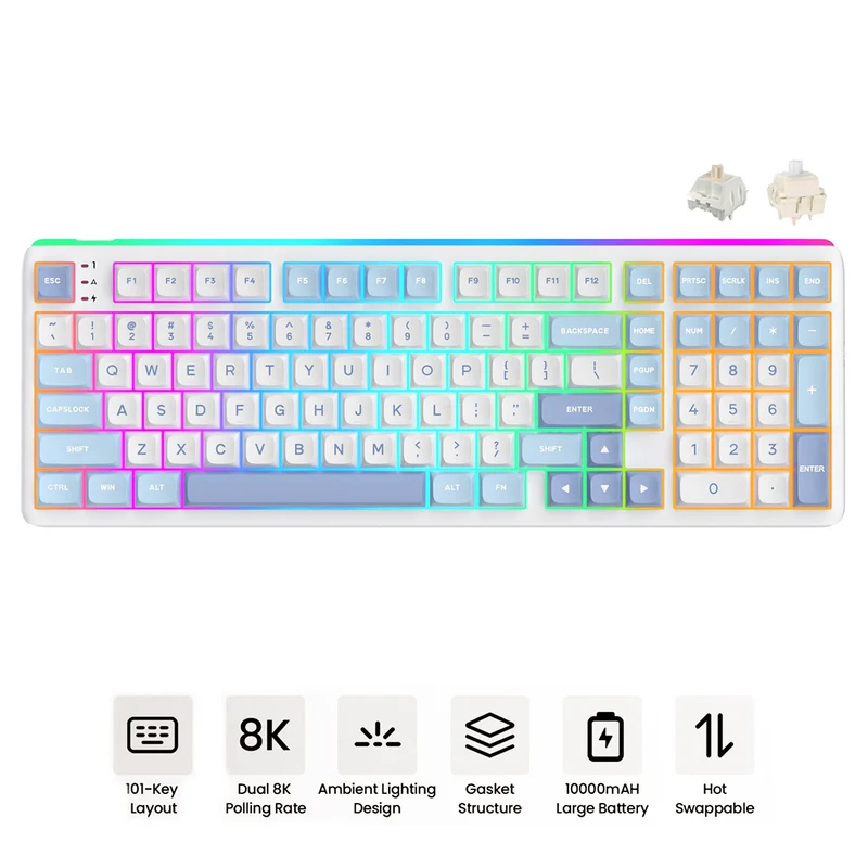 Royal Kludge RK R99 Tri-Mode RGB 101 Keys Hot-Swappable Mechanical Keyboard Rhythm Blue (Beige Switch, Cream Switch)