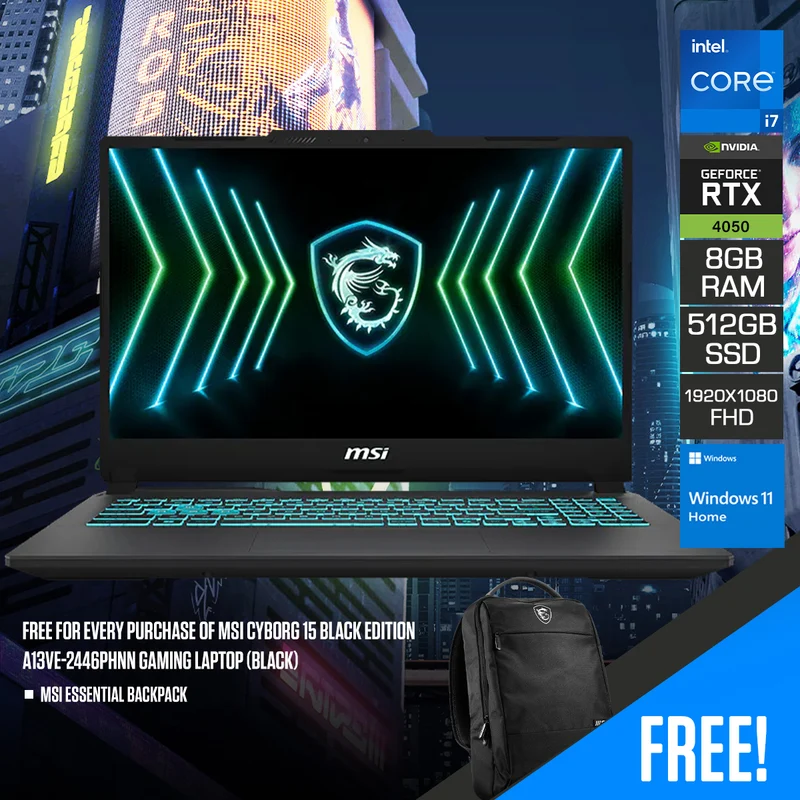 MSI Cyborg 15 Black Edition A13VE-2452PHNN Gaming Laptop (Black) | 15.6" FHD (1920x1080) 144Hz IPS | Core i7-13620H | 8GB RAM | 512GB SSD | RTX 4050 | Windows 11 Home + MSI Essential Backpack