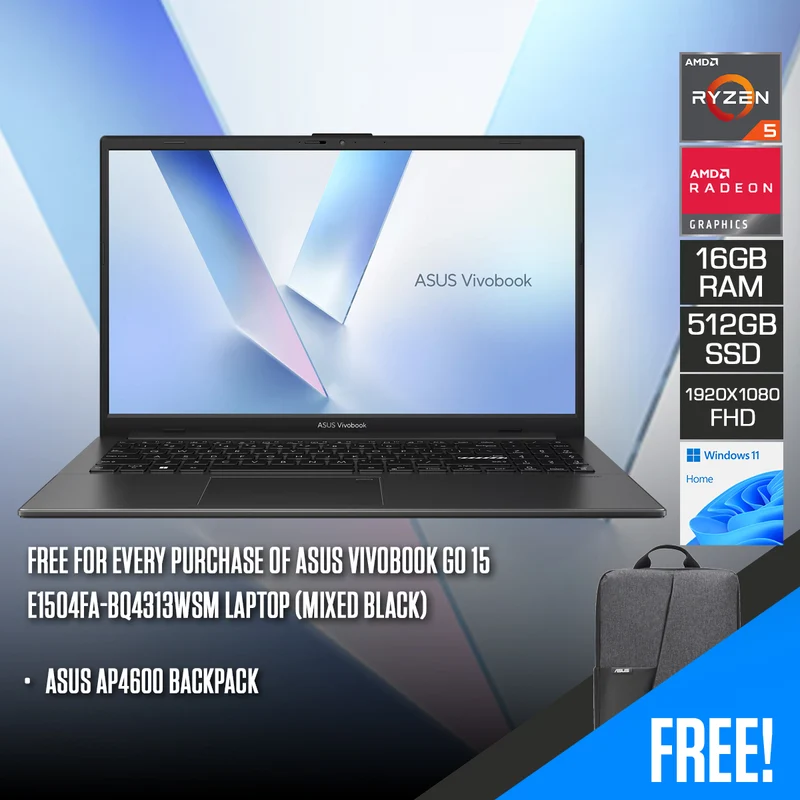 Asus Vivobook Go 15 E1504FA-BQ4313WSM Laptop (Mixed Black) | 15.6" FHD (1920x1080) | Ryzen 5 40 | 16GB RAM | 512GB SSD | AMD Radeon Graphics | Windows 11 Home | Asus AP4600 Backpack