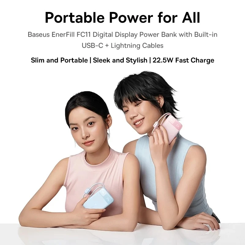 Baseus EnerFill FC11 Digital Display Power Bank with Dual Built-in Cables 20000mAh 22.5W (Cosmic Black, Beige, Galaxy Blue, Baby Pink) (E0027S04, E0027S05, E0027S06, E0027S07)