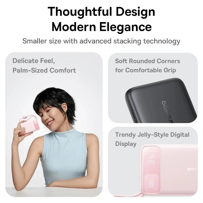 Baseus EnerFill FC11 Digital Display Power Bank with Dual Built-in Cables 20000mAh 22.5W (Cosmic Black, Beige, Galaxy Blue, Baby Pink) (E0027S04, E0027S05, E0027S06, E0027S07)