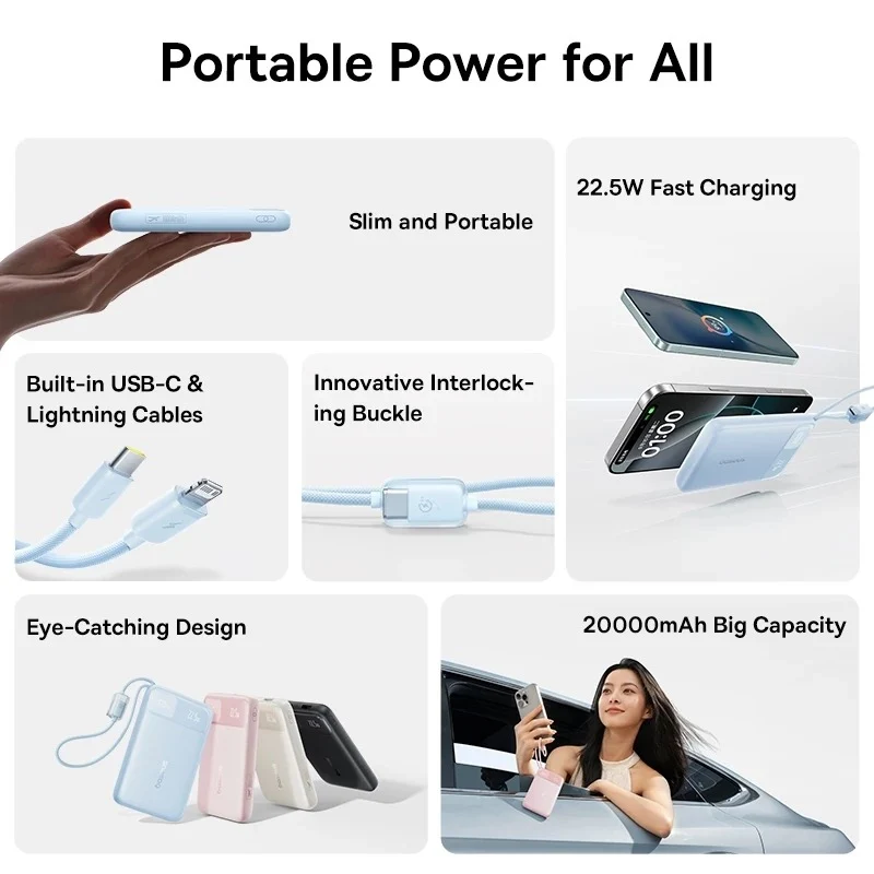 Baseus EnerFill FC11 Digital Display Power Bank with Dual Built-in Cables 20000mAh 22.5W (Cosmic Black, Beige, Galaxy Blue, Baby Pink) (E0027S04, E0027S05, E0027S06, E0027S07)