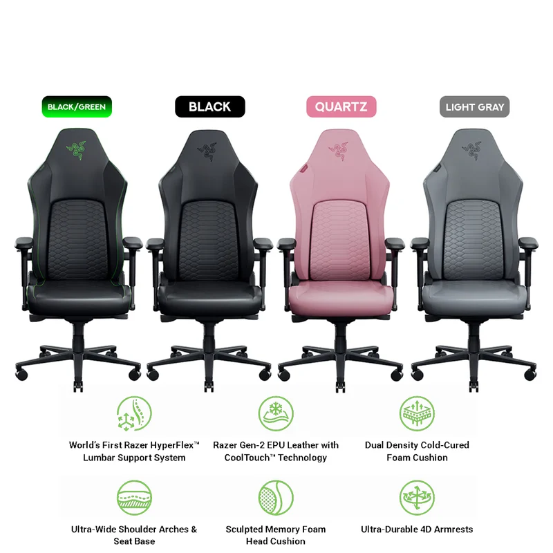 Razer Iskur V2 NewGen Ergonomic Gaming Chair w/ Breathable Comfort (Black/Green, Black, Quartz, Light Gray)