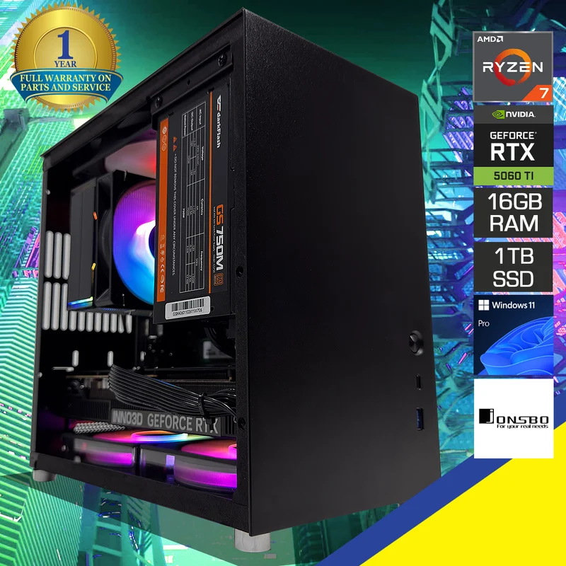 Aurora T8 Plus Black Desktop Gaming PC | AMD Ryzen 7 8700F | 16GB (2x8GB) RAM | 1TB SSD | RTX 5060 Ti | Windows 11 Pro