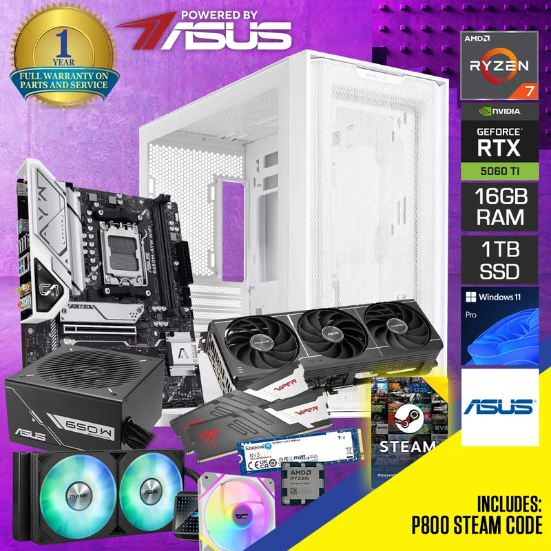 Powered by ASUS: A21 White Desktop Gaming PC | AMD Ryzen 7 8700F | 16GB (2X8GB) RAM | 1TB SSD | RTX 5060 Ti