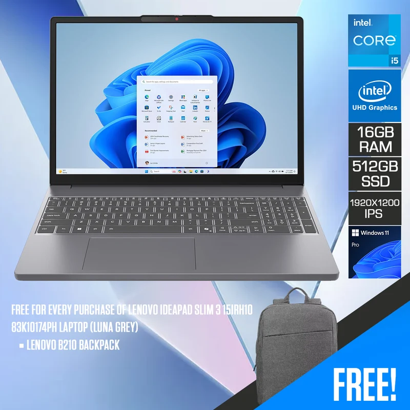 Lenovo IdeaPad Slim 3 15IRH10 83K10174PH Laptop (Luna Grey) | 15.3” WUXGA (1920x1200) IPS 60Hz | Intel Core i5-13420H | 16GB RAM | 512GB SSD | Intel UHD Graphics | Windows 11 Pro | Lenovo B210 Backpack