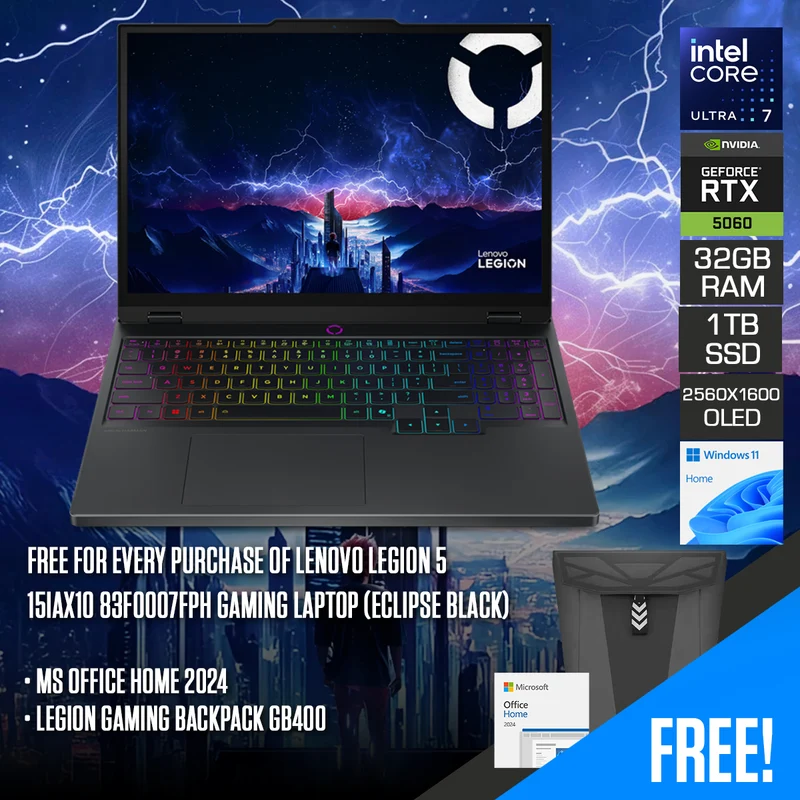 Lenovo Legion 5 15IAX10 83F0007FPH Gaming Laptop (Eclipse Black) | Core Ultra 7 255HX | 15.1" WQXGA (2560x1600) OLED 165Hz | 32GB RAM | 1TB SSD | RTX 5060 | Windows 11 Home | MS Office Home 2024 + Legion Gaming Backpack GB400