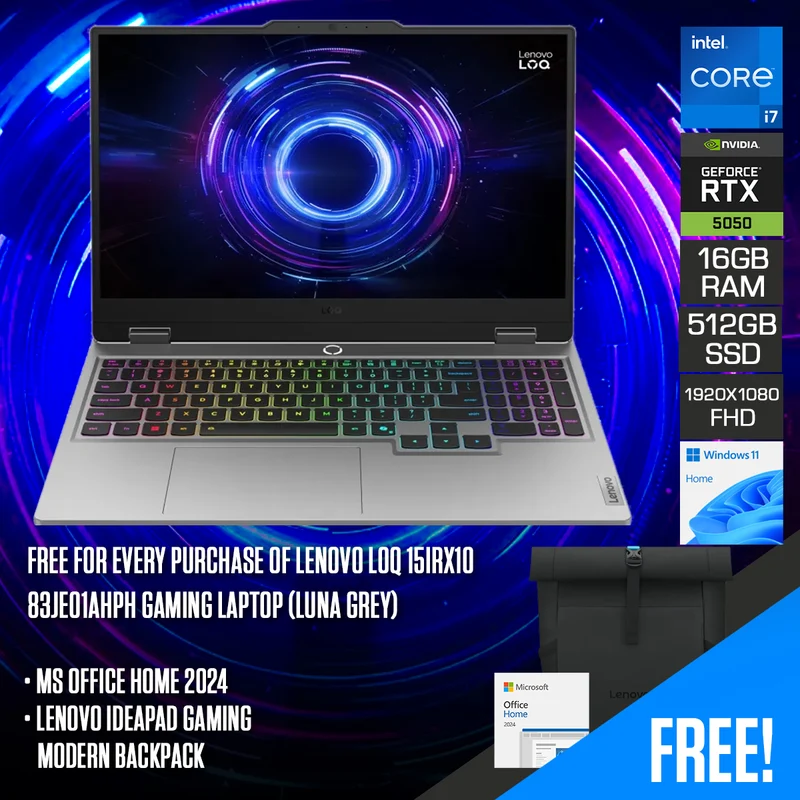 Lenovo LOQ 15IRX10 83JE01AHPH Gaming Laptop (Luna Grey) | 15.6" FHD (1920x1080) IPS 144Hz | Core i7-13645HX | 16GB RAM | 512GB SSD | RTX 5050 | Windows 11 Home | MS Office Home 2024 + Lenovo IdeaPad Gaming Modern Backpack