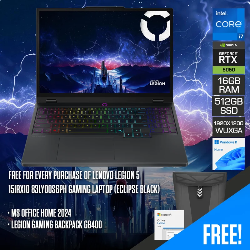 Lenovo Legion 5 15IRX10 83LY00S6PH Gaming Laptop (Eclipse Black) | 15.3" WUXGA (1920x1200) IPS 165Hz | Core i7-13650HX | 16GB RAM | 512GB SSD | RTX 5050 | Windows 11 Home | MS Office Home 2024 + Legion Gaming Backpack GB400