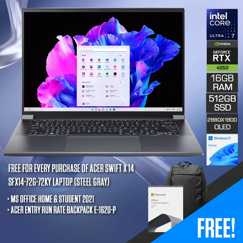 Acer Swift X 14 SFX14-72G-72KY Laptop (Steel Gray) | 14.5" WQXGA+ (2880x1800) 120Hz OLED | Core Ultra 7 155H | 16GB RAM | 512GB SSD | RTX 4050 | Windows 11 Home | MS Office Home & Student 2021 + Acer Entry Run Rate Backpack E-1620-P