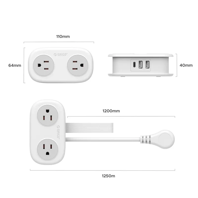 Orico AP3 7-Port 15.5W Travel Power Strip (Black, White)