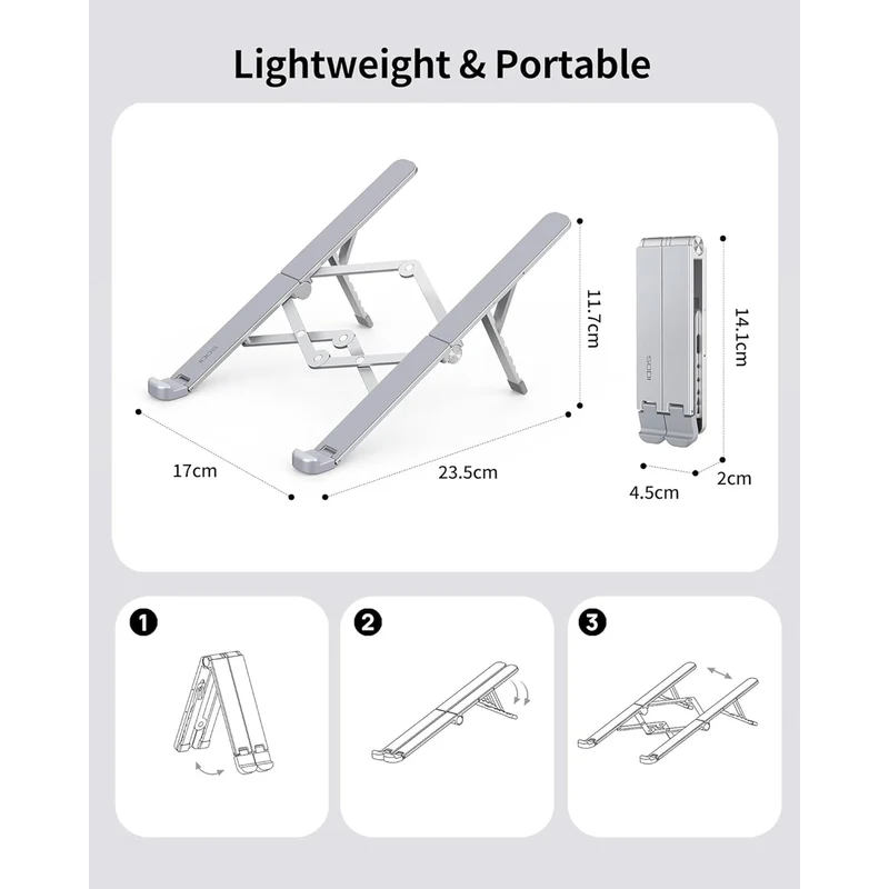 SODI ST03 Bi-Fold Portable Adjustable Stand for Laptop, Tablet, & Phone (Grey, Black)