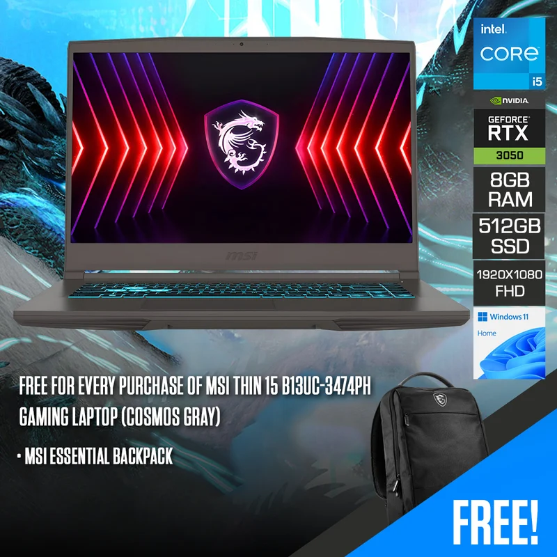 MSI Thin 15 B13UC-3474PH Gaming Laptop (Cosmos Gray) | 15.6" FHD (1920x1080) 144Hz IPS | i5-13420H | 8GB RAM | 512GB SSD | RTX 3050 | Windows 11 Home | MSI Essential Backpack