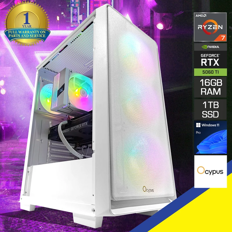 Aurora C60 White Desktop Gaming PC | AMD Ryzen 7 7700 | 16GB RAM | 1TB SSD | RTX 5060 TI | Windows 11 Pro