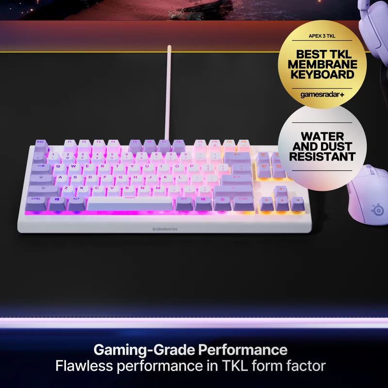 SteelSeries Apex 3 TKL RGB Water & Dust Resistant Whisper Quiet Switches Gaming Keyboard (Amethyst) (PN64951)