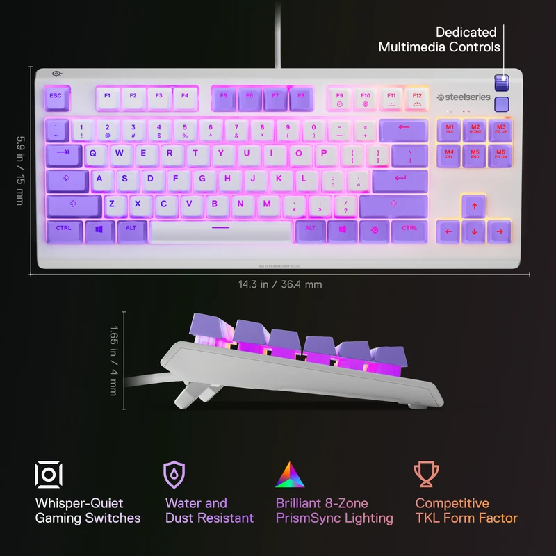 SteelSeries Apex 3 TKL RGB Water & Dust Resistant Whisper Quiet Switches Gaming Keyboard (Amethyst) (PN64951)