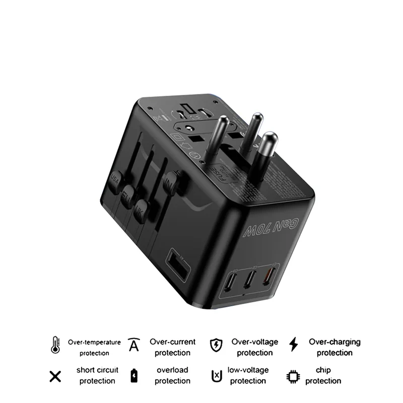 SODI A02-PD70 GaN 70W Universal Travel Charger with EU/UK/AUS/US Plug and 3xUSB-C + 2xUSB-A Ports (Black)