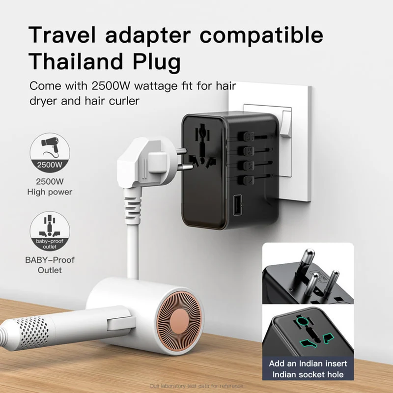 SODI A02-PD70 GaN 70W Universal Travel Charger with EU/UK/AUS/US Plug and 3xUSB-C + 2xUSB-A Ports (Black)
