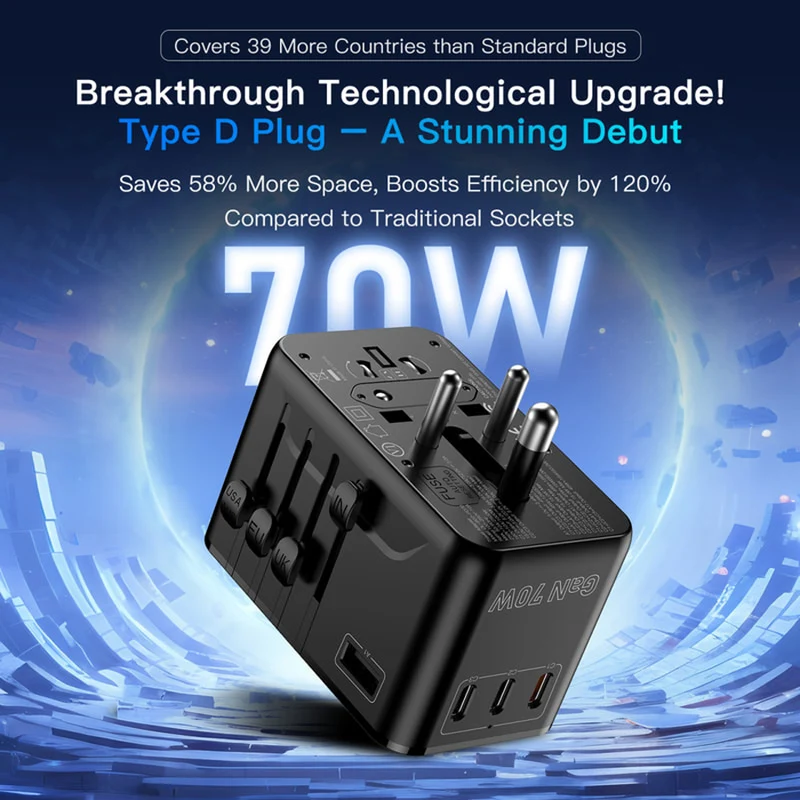 SODI A02-PD70 GaN 70W Universal Travel Charger with EU/UK/AUS/US Plug and 3xUSB-C + 2xUSB-A Ports (Black)