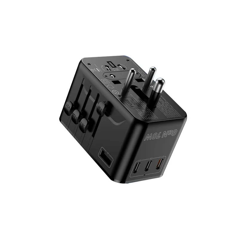 SODI A02-PD70 GaN 70W Universal Travel Charger with EU/UK/AUS/US Plug and 3xUSB-C + 2xUSB-A Ports (Black)