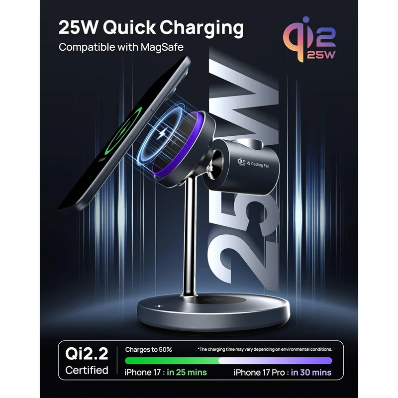 SODI T13W Qi2 25W 3-in-1 Wireless Charger with Silent Cooling Fan for iPhone, Watch & Earbuds (Grey)