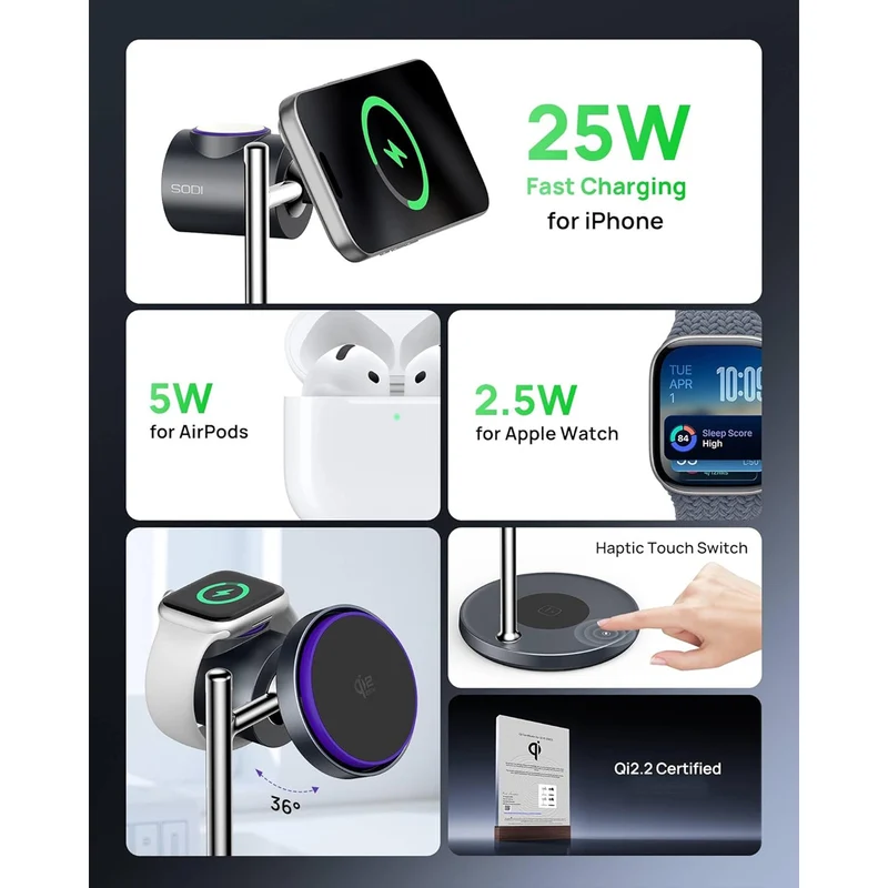 SODI T13W Qi2 25W 3-in-1 Wireless Charger with Silent Cooling Fan for iPhone, Watch & Earbuds (Grey)