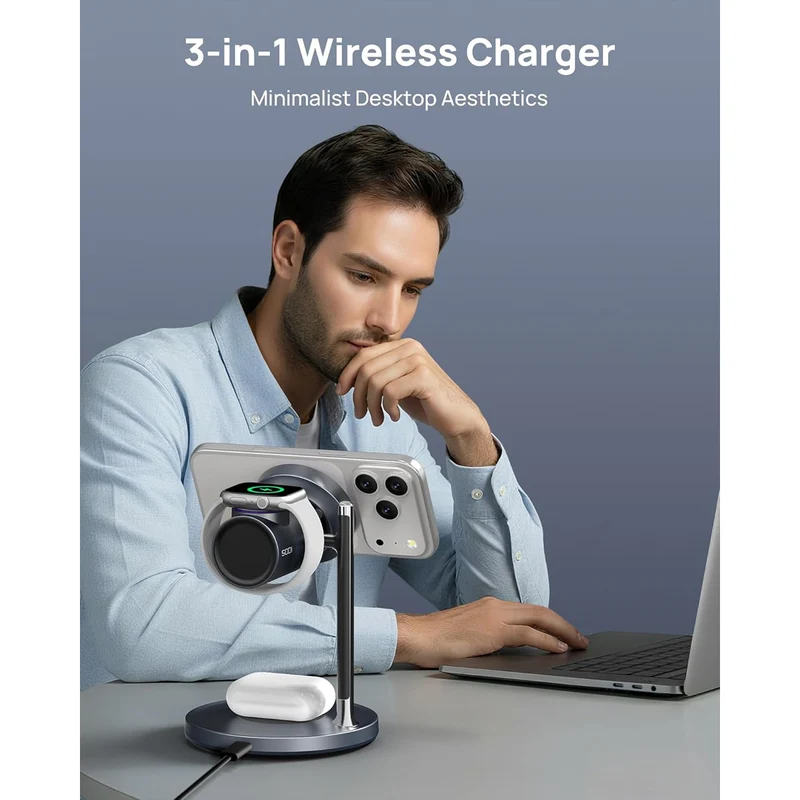 SODI T13W Qi2 25W 3-in-1 Wireless Charger with Silent Cooling Fan for iPhone, Watch & Earbuds (Grey)