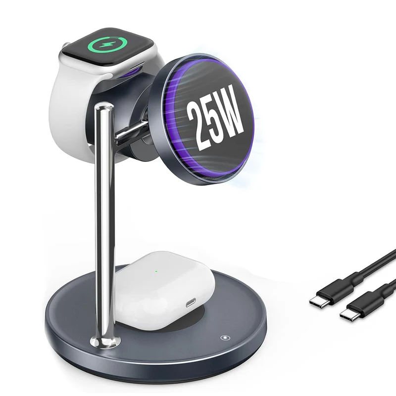 SODI T13W Qi2 25W 3-in-1 Wireless Charger with Silent Cooling Fan for iPhone, Watch & Earbuds (Grey)