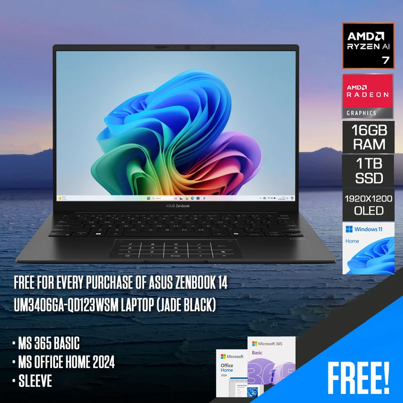 ASUS Zenbook 14 UM3406GA-QD123WSM Laptop (Jade Black) | 14" WUXGA (1920x1200) OLED | Ryzen AI 7 445 | 16GB RAM | 1TB SSD | AMD Radeon Graphics | Windows 11 Home | MS Office Home 2024 + MS 365 Basic + Sleeve